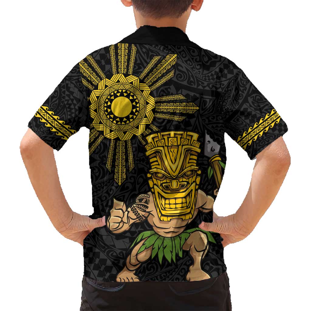 Hawaii and Philippines Together Family Matching Long Sleeve Bodycon Dress and Hawaiian Shirt Warrior Tiki Mask and Filipino Sun Polynesian Style