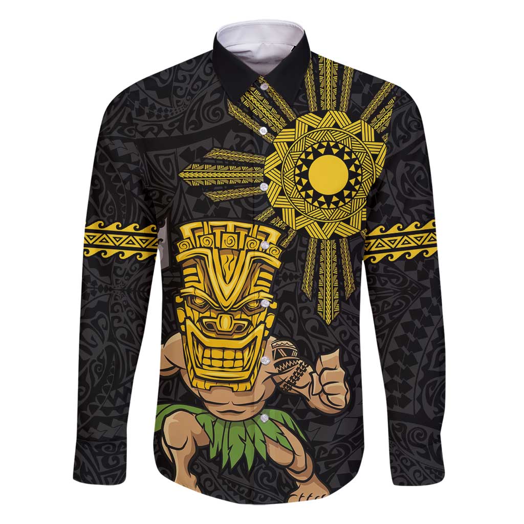 Hawaii and Philippines Together Family Matching Off Shoulder Short Dress and Hawaiian Shirt Warrior Tiki Mask and Filipino Sun Polynesian Style