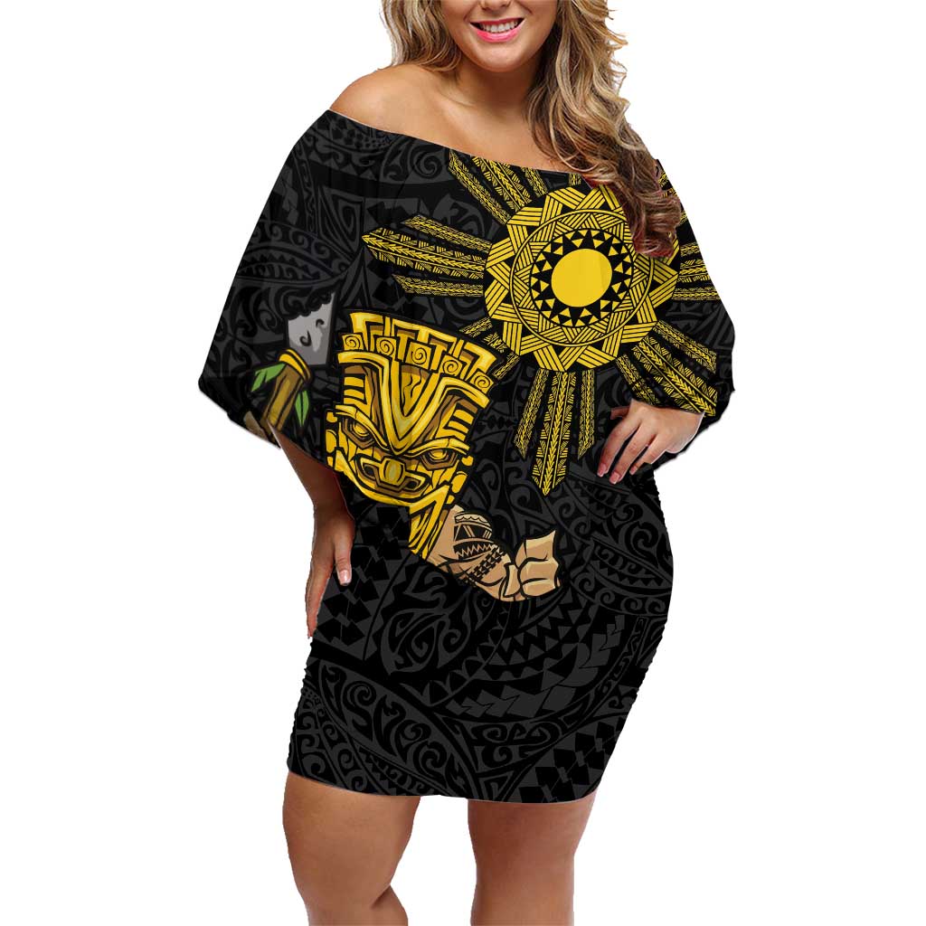 Hawaii and Philippines Together Family Matching Off Shoulder Short Dress and Hawaiian Shirt Warrior Tiki Mask and Filipino Sun Polynesian Style