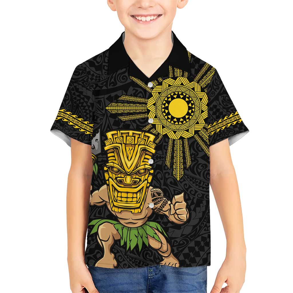 Hawaii and Philippines Together Kid Hawaiian Shirt Warrior Tiki Mask and Filipino Sun Polynesian Style LT03 Kid Black - Polynesian Pride