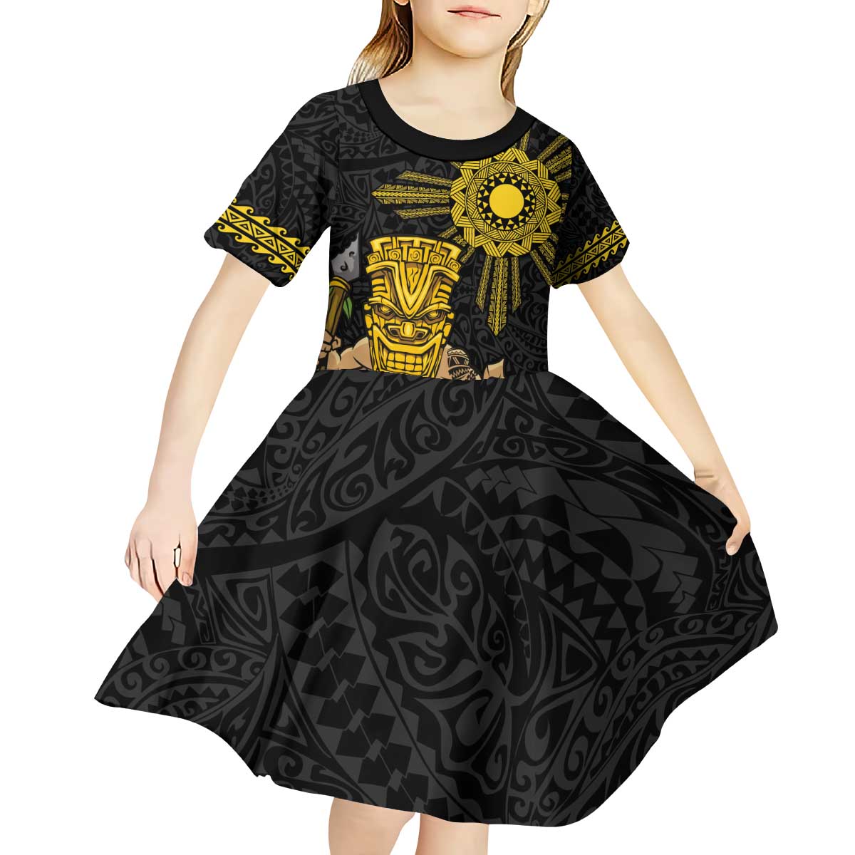 Hawaii and Philippines Together Kid Short Sleeve Dress Warrior Tiki Mask and Filipino Sun Polynesian Style