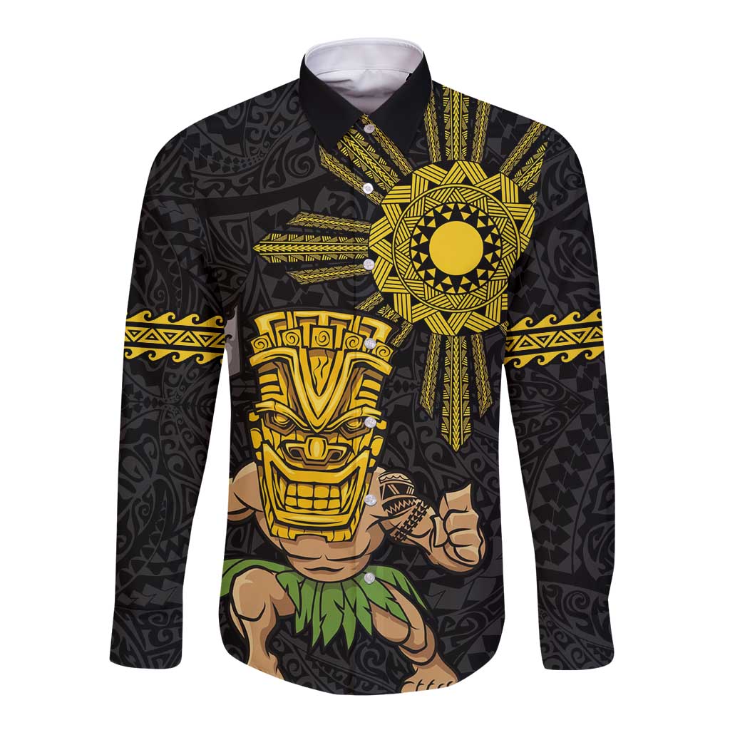 Hawaii and Philippines Together Long Sleeve Button Shirt Warrior Tiki Mask and Filipino Sun Polynesian Style LT03 Unisex Black - Polynesian Pride