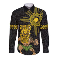 Hawaii and Philippines Together Long Sleeve Button Shirt Warrior Tiki Mask and Filipino Sun Polynesian Style LT03 Unisex Black - Polynesian Pride