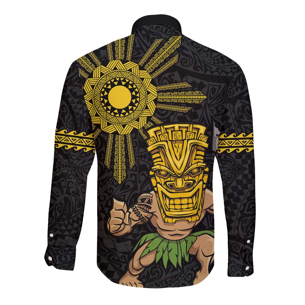 Hawaii and Philippines Together Long Sleeve Button Shirt Warrior Tiki Mask and Filipino Sun Polynesian Style LT03 - Polynesian Pride