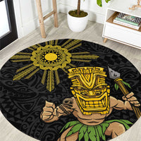 Hawaii and Philippines Together Round Carpet Warrior Tiki Mask and Filipino Sun Polynesian Style LT03 Black - Polynesian Pride