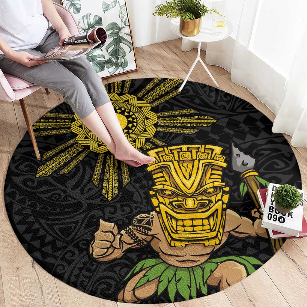 Hawaii and Philippines Together Round Carpet Warrior Tiki Mask and Filipino Sun Polynesian Style LT03 - Polynesian Pride