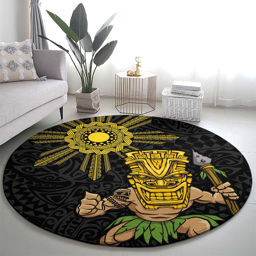 Hawaii and Philippines Together Round Carpet Warrior Tiki Mask and Filipino Sun Polynesian Style LT03 - Polynesian Pride