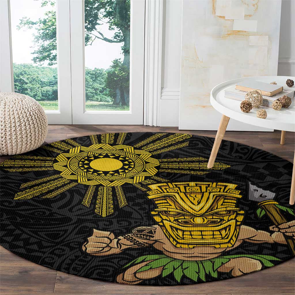 Hawaii and Philippines Together Round Carpet Warrior Tiki Mask and Filipino Sun Polynesian Style LT03 - Polynesian Pride