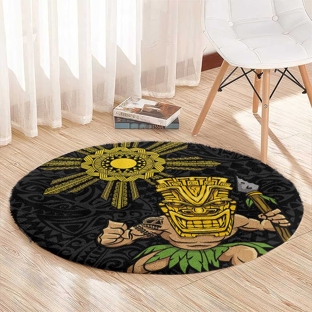 Hawaii and Philippines Together Round Carpet Warrior Tiki Mask and Filipino Sun Polynesian Style LT03 - Polynesian Pride