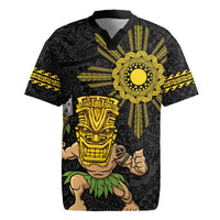 Hawaii and Philippines Together Rugby Jersey Warrior Tiki Mask and Filipino Sun Polynesian Style
