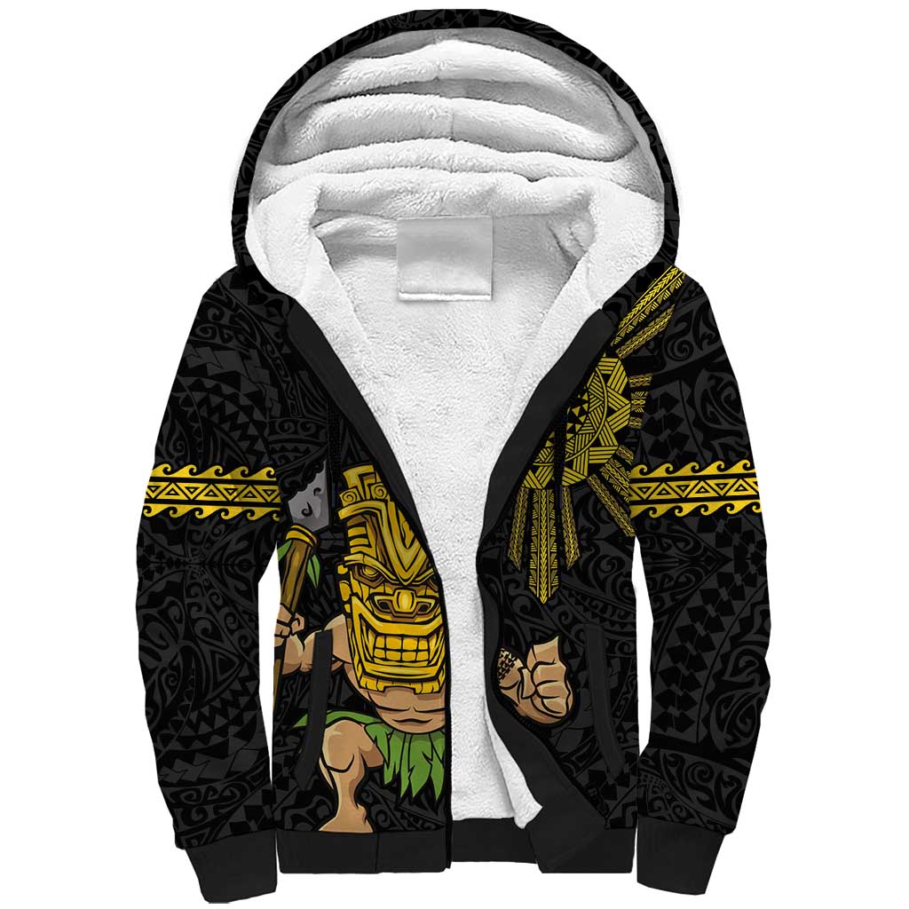 Hawaii and Philippines Together Sherpa Hoodie Warrior Tiki Mask and Filipino Sun Polynesian Style