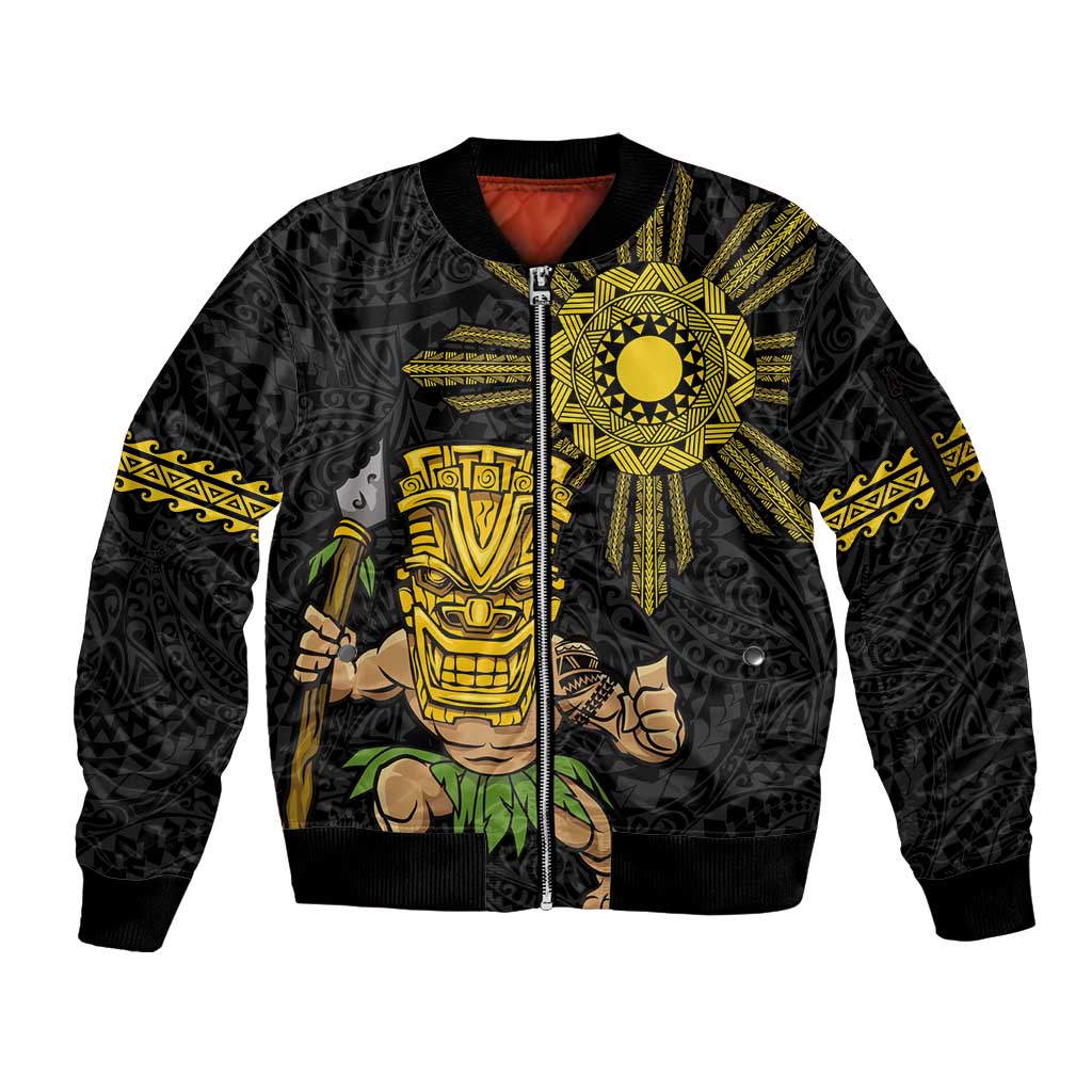 Hawaii and Philippines Together Sleeve Zip Bomber Jacket Warrior Tiki Mask and Filipino Sun Polynesian Style