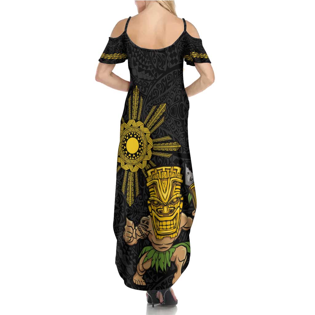 Hawaii and Philippines Together Summer Maxi Dress Warrior Tiki Mask and Filipino Sun Polynesian Style