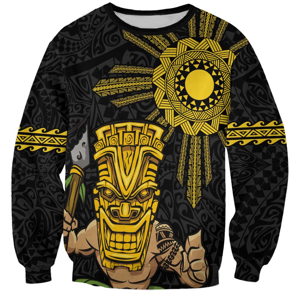 Hawaii and Philippines Together Sweatshirt Warrior Tiki Mask and Filipino Sun Polynesian Style LT03 Unisex Black - Polynesian Pride