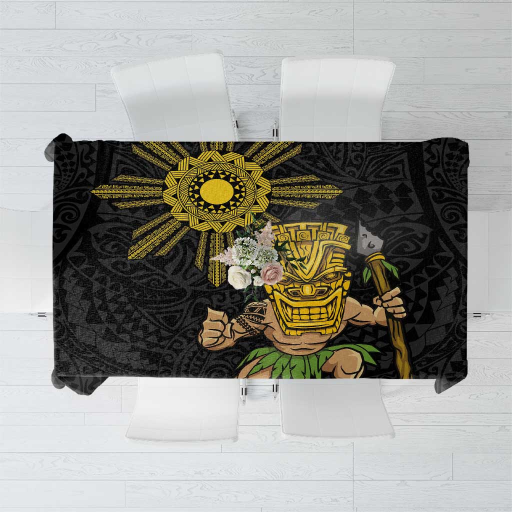 Hawaii and Philippines Together Tablecloth Warrior Tiki Mask and Filipino Sun Polynesian Style LT03 Black - Polynesian Pride