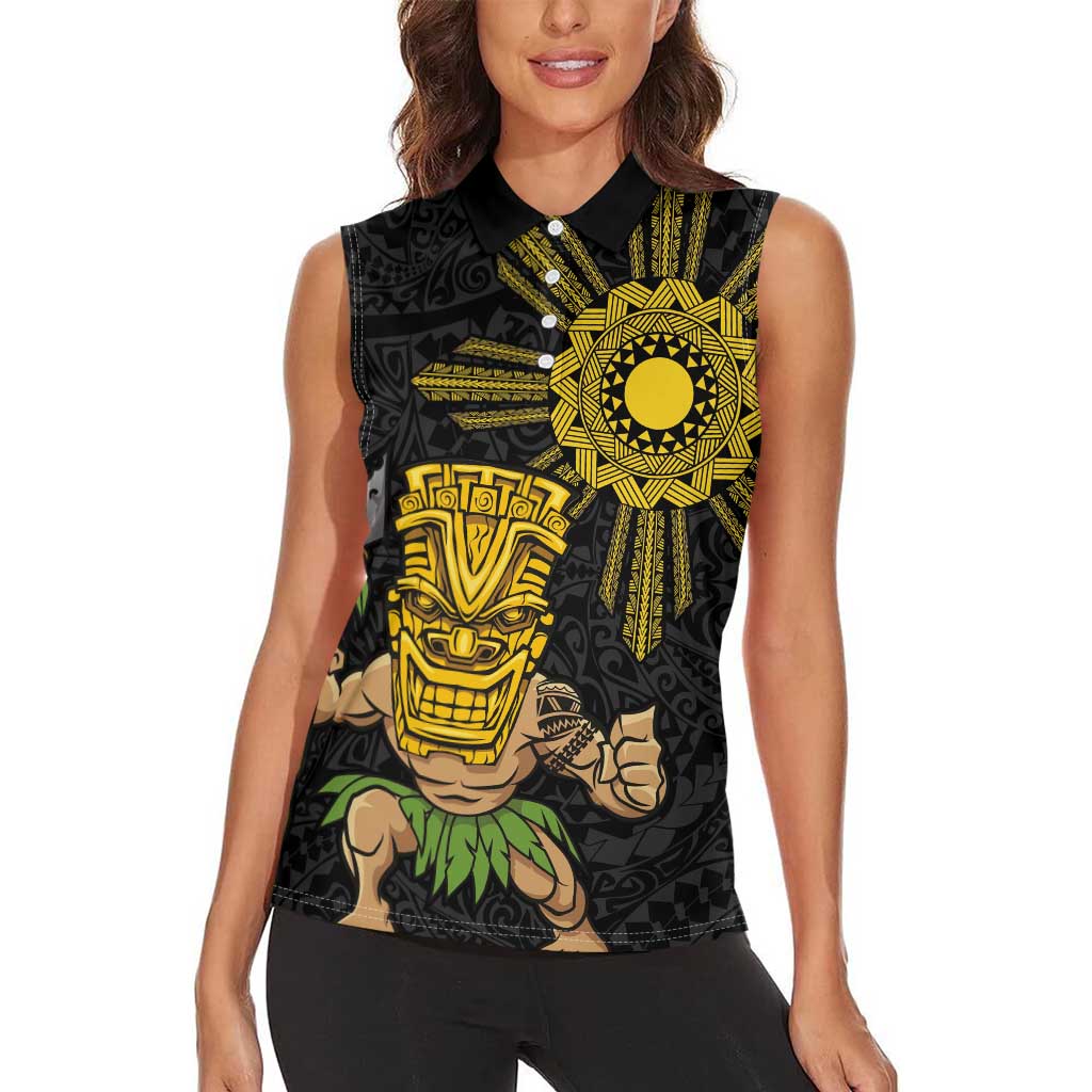 Hawaii and Philippines Together Women Sleeveless Polo Shirt Warrior Tiki Mask and Filipino Sun Polynesian Style