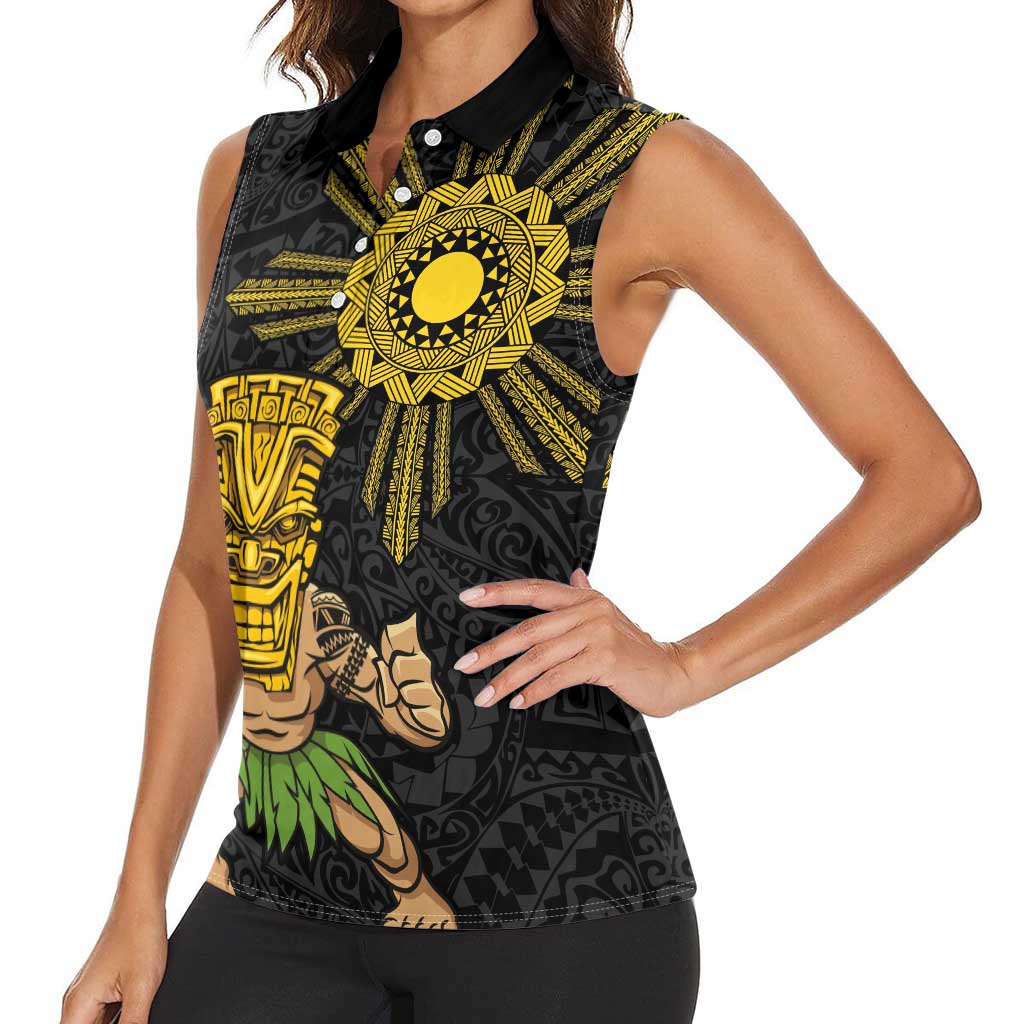 Hawaii and Philippines Together Women Sleeveless Polo Shirt Warrior Tiki Mask and Filipino Sun Polynesian Style