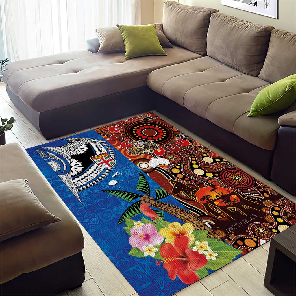 Fiji and Australia Together Area Rug Fijian Tapa Plants with Kangaroo and Aboriginal - Polynesian Pride