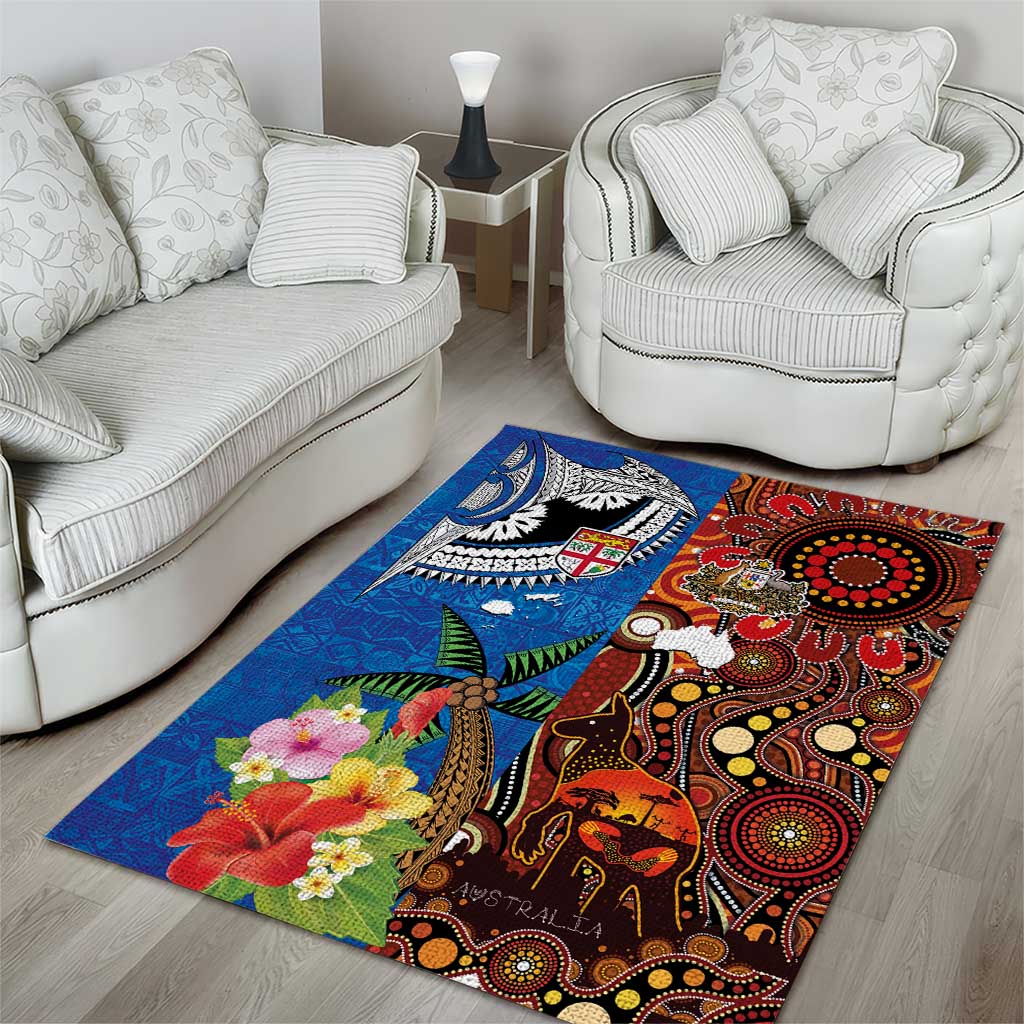 Fiji and Australia Together Area Rug Fijian Tapa Plants with Kangaroo and Aboriginal - Polynesian Pride