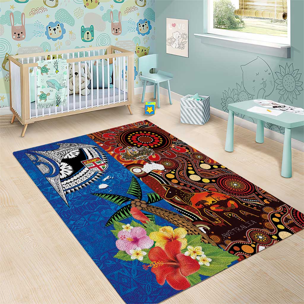 Fiji and Australia Together Area Rug Fijian Tapa Plants with Kangaroo and Aboriginal - Polynesian Pride