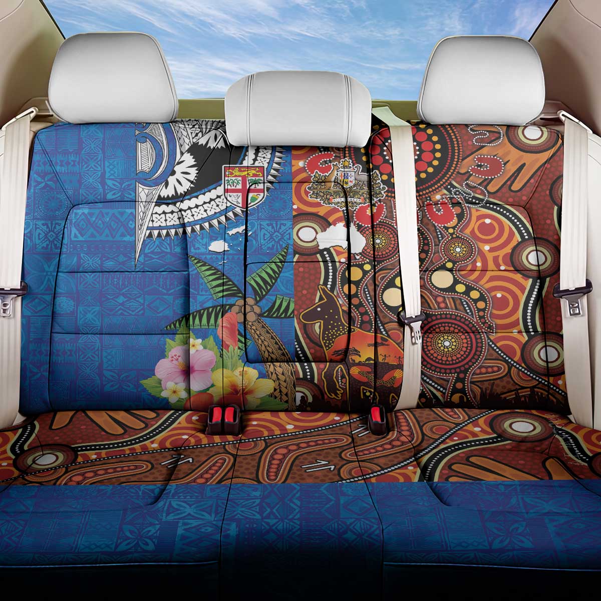 Fiji and Australia Together Back Car Seat Cover Fijian Tapa Plants with Kangaroo and Aboriginal - Polynesian Pride