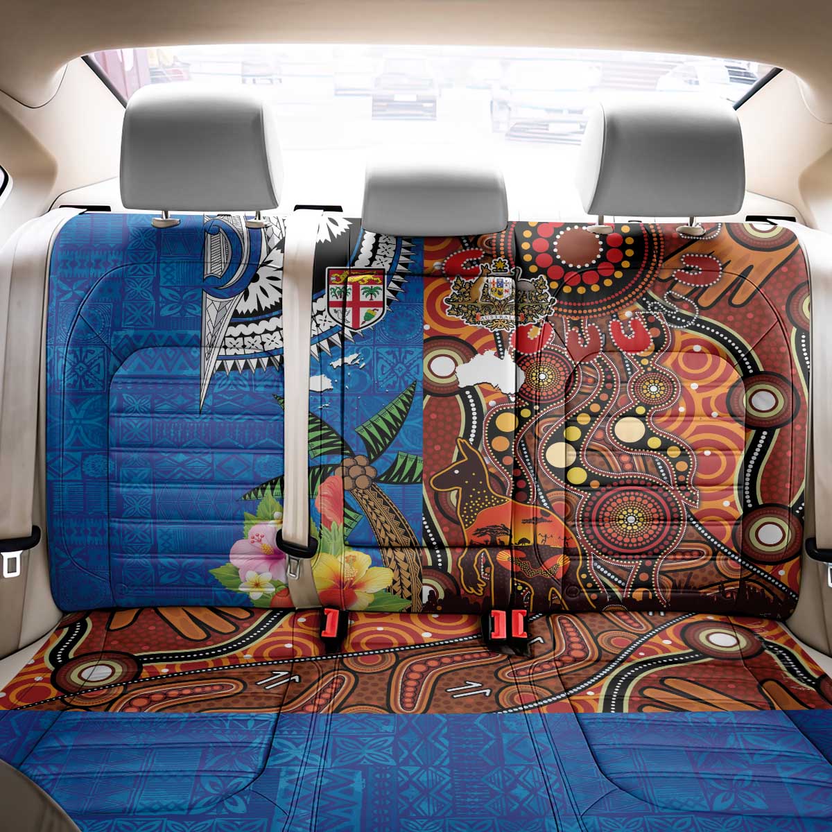 Fiji and Australia Together Back Car Seat Cover Fijian Tapa Plants with Kangaroo and Aboriginal - Polynesian Pride