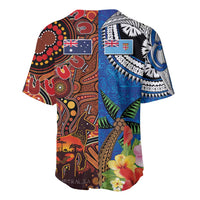 Fiji and Australia Together Baseball Jersey Fijian Tapa Plants with Kangaroo and Aboriginal - Polynesian Pride