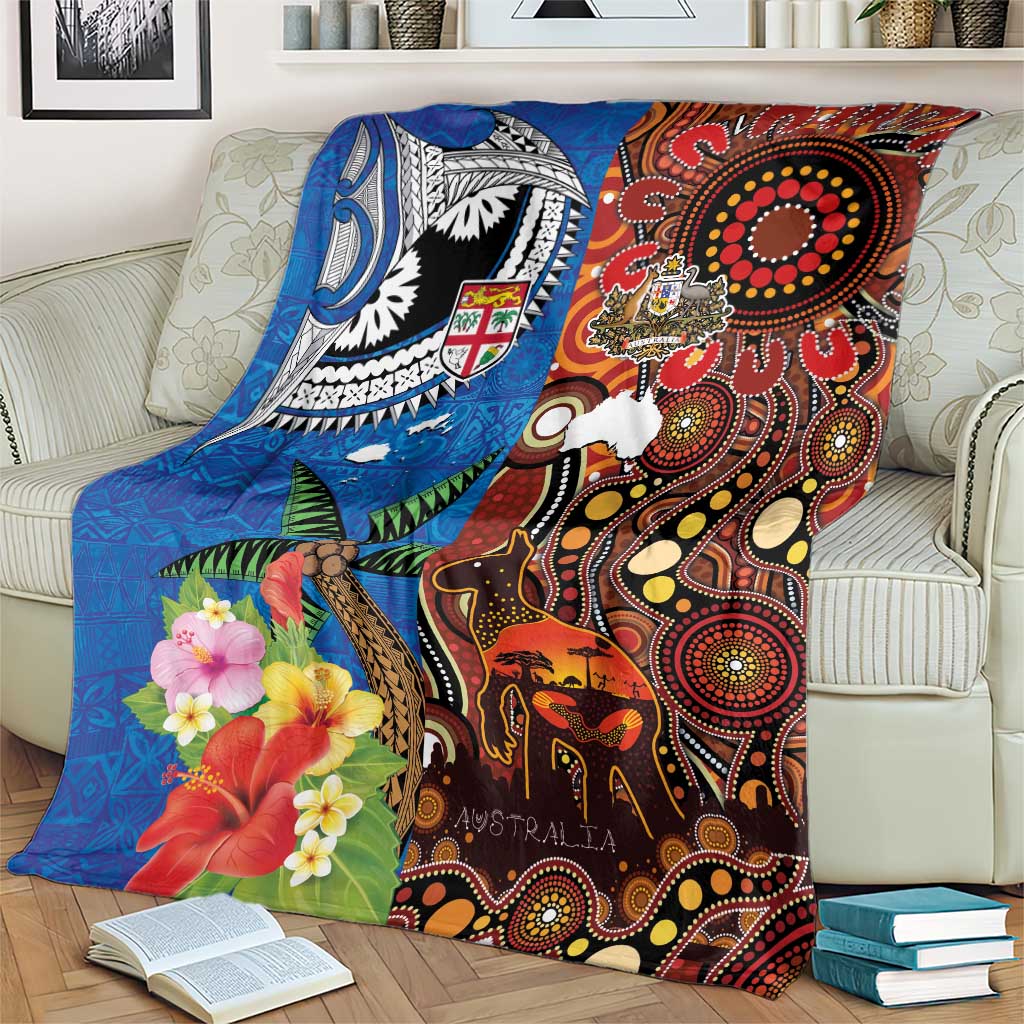 Fiji and Australia Together Blanket Fijian Tapa Plants with Kangaroo and Aboriginal - Polynesian Pride