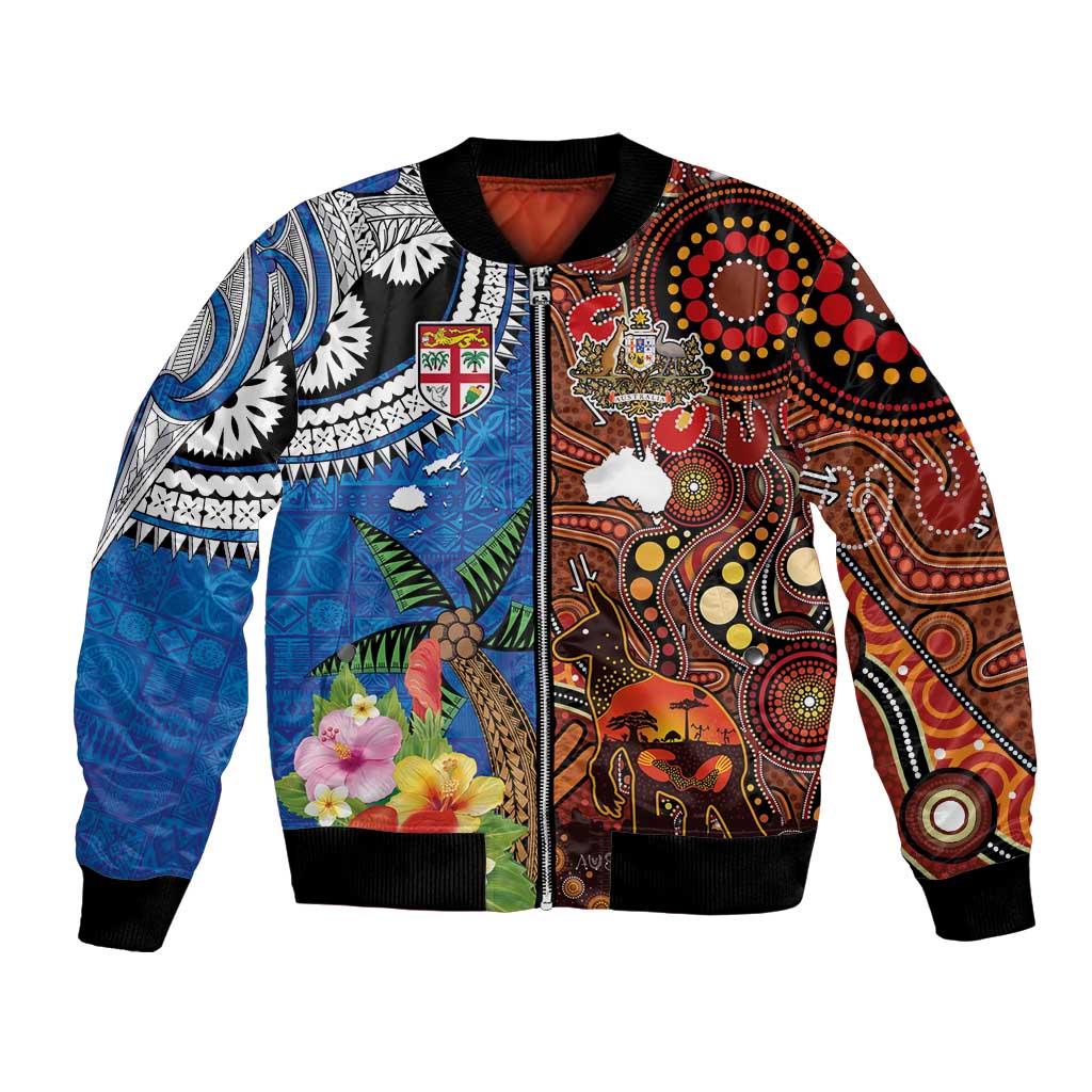 Fiji and Australia Together Bomber Jacket Fijian Tapa Plants with Kangaroo and Aboriginal - Polynesian Pride