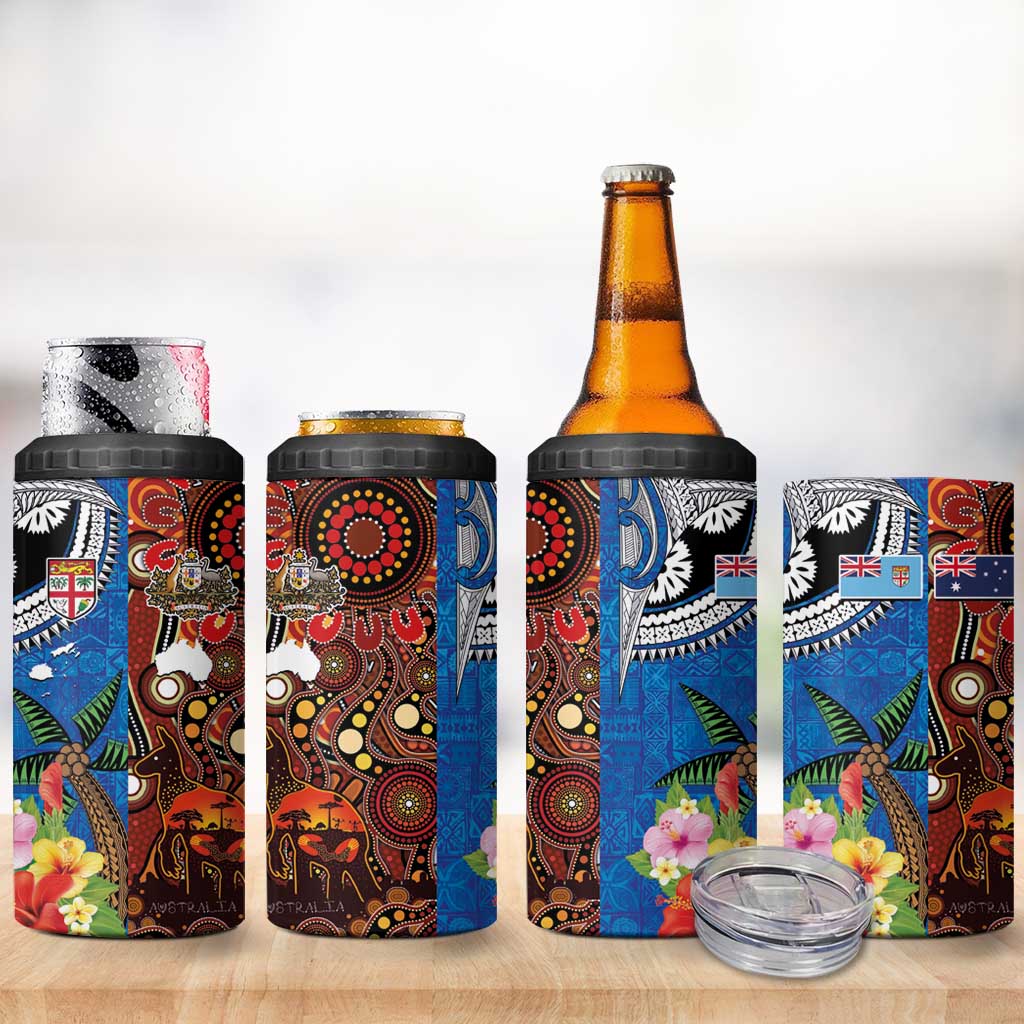 Fiji and Australia Together 4 in 1 Can Cooler Tumbler Fijian Tapa Plants with Kangaroo and Aboriginal - Polynesian Pride