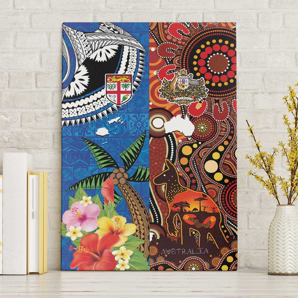 Fiji and Australia Together Canvas Wall Art Fijian Tapa Plants with Kangaroo and Aboriginal - Polynesian Pride
