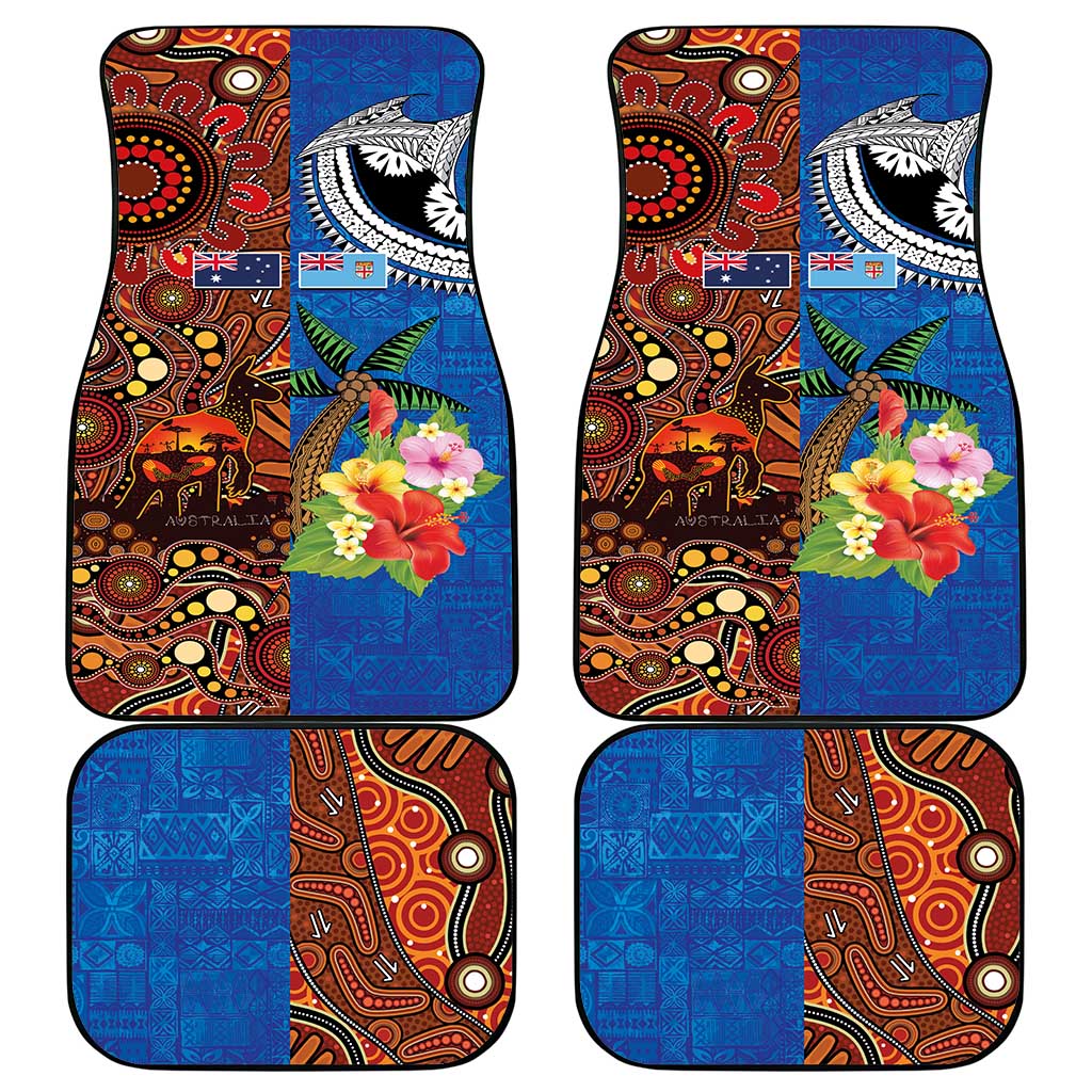 Fiji and Australia Together Car Mats Fijian Tapa Plants with Kangaroo and Aboriginal - Polynesian Pride