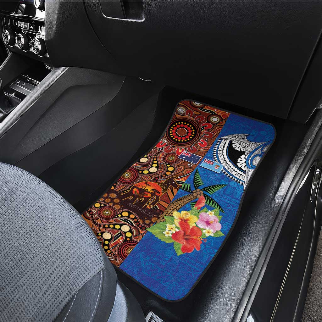 Fiji and Australia Together Car Mats Fijian Tapa Plants with Kangaroo and Aboriginal - Polynesian Pride