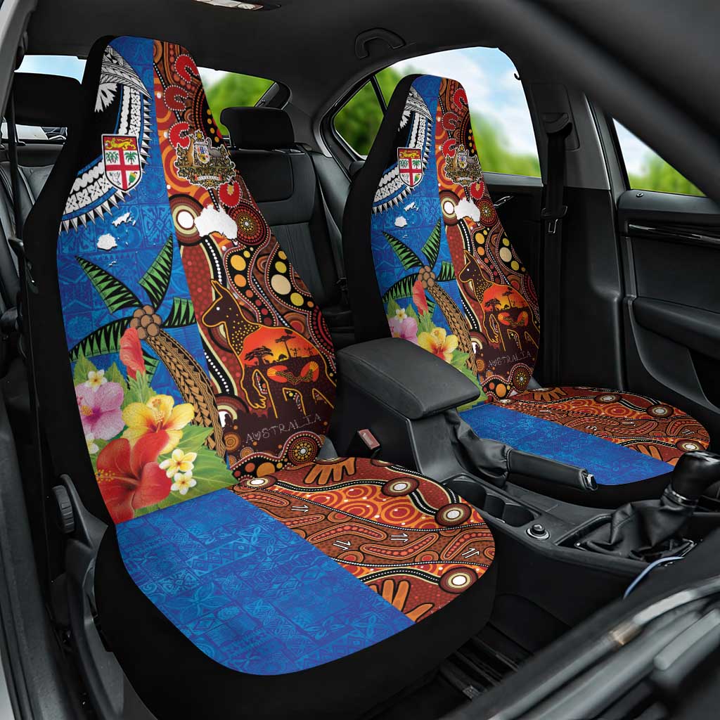 Fiji and Australia Together Car Seat Cover Fijian Tapa Plants with Kangaroo and Aboriginal - Polynesian Pride