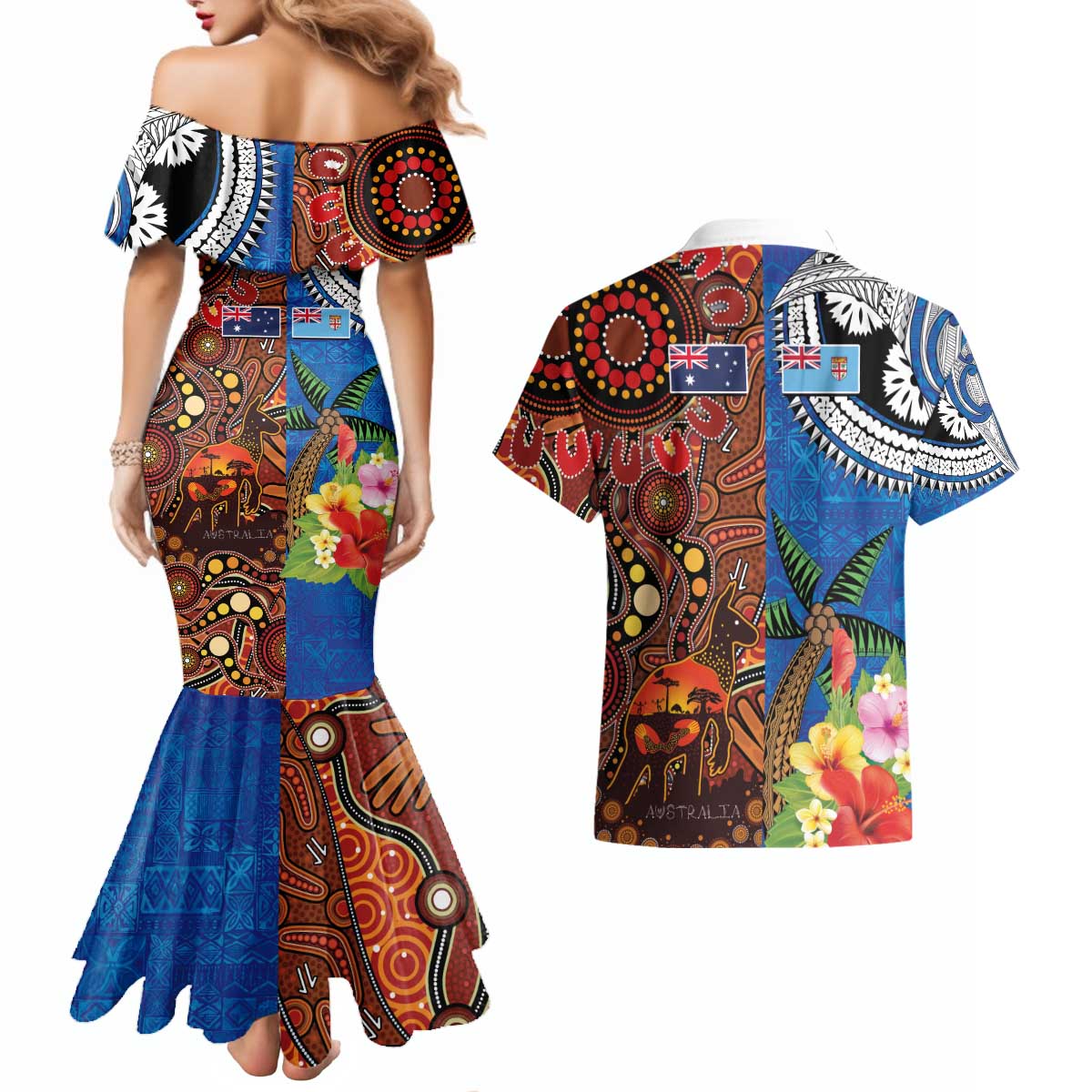 Fiji and Australia Together Couples Matching Mermaid Dress and Hawaiian Shirt Fijian Tapa Plants with Kangaroo and Aboriginal - Polynesian Pride