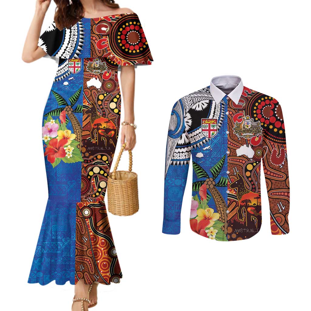 Fiji and Australia Together Couples Matching Mermaid Dress and Long Sleeve Button Shirt Fijian Tapa Plants with Kangaroo and Aboriginal LT03 Black - Polynesian Pride