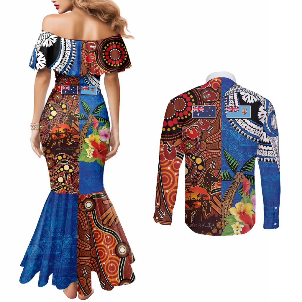 Fiji and Australia Together Couples Matching Mermaid Dress and Long Sleeve Button Shirt Fijian Tapa Plants with Kangaroo and Aboriginal LT03 - Polynesian Pride