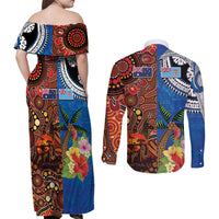 Fiji and Australia Together Couples Matching Off Shoulder Maxi Dress and Long Sleeve Button Shirt Fijian Tapa Plants with Kangaroo and Aboriginal - Polynesian Pride