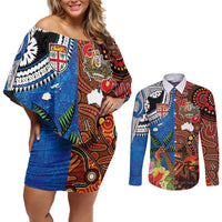 Fiji and Australia Together Couples Matching Off Shoulder Short Dress and Long Sleeve Button Shirt Fijian Tapa Plants with Kangaroo and Aboriginal - Polynesian Pride