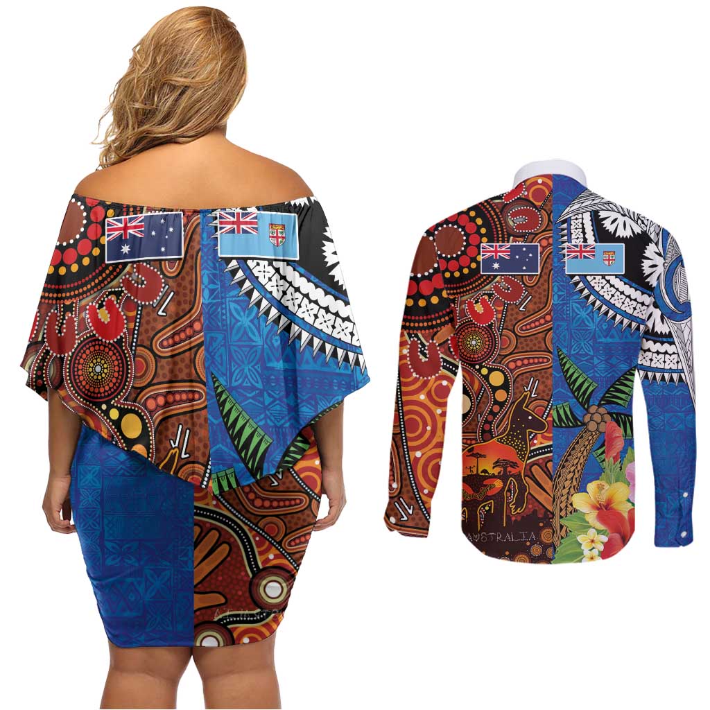 Fiji and Australia Together Couples Matching Off Shoulder Short Dress and Long Sleeve Button Shirt Fijian Tapa Plants with Kangaroo and Aboriginal - Polynesian Pride