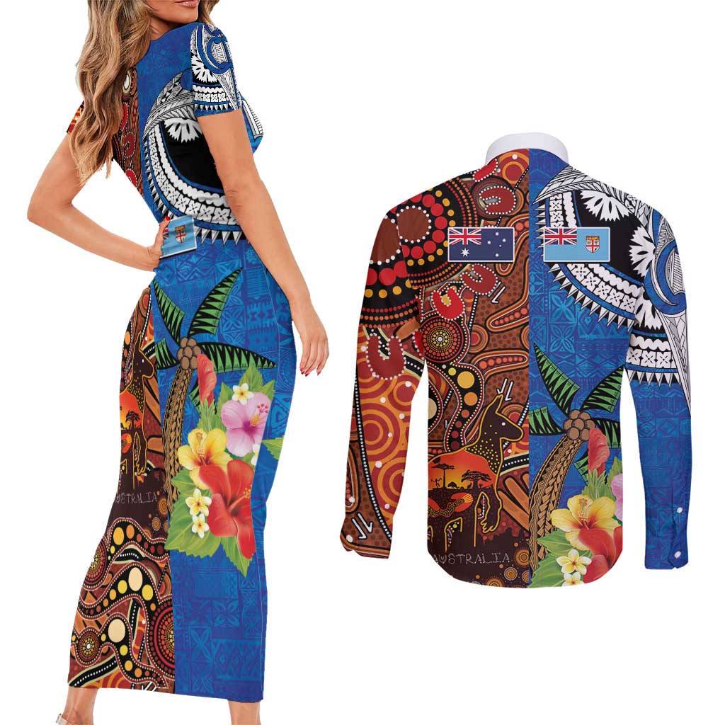 Fiji and Australia Together Couples Matching Short Sleeve Bodycon Dress and Long Sleeve Button Shirt Fijian Tapa Plants with Kangaroo and Aboriginal - Polynesian Pride