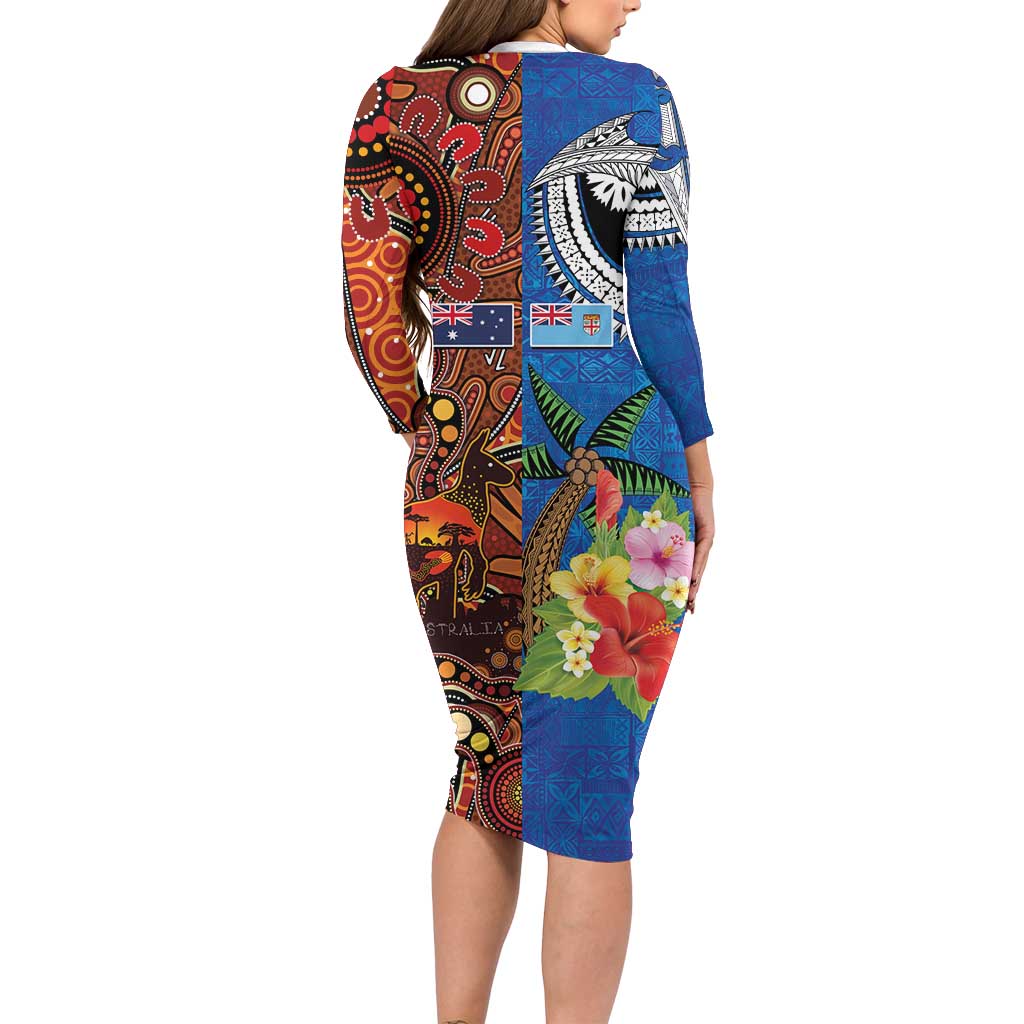 Fiji and Australia Together Family Matching Long Sleeve Bodycon Dress and Hawaiian Shirt Fijian Tapa Plants with Kangaroo and Aboriginal - Polynesian Pride