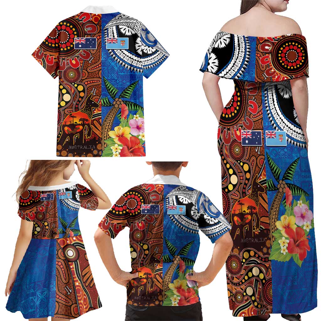 Fiji and Australia Together Family Matching Off Shoulder Maxi Dress and Hawaiian Shirt Fijian Tapa Plants with Kangaroo and Aboriginal - Polynesian Pride