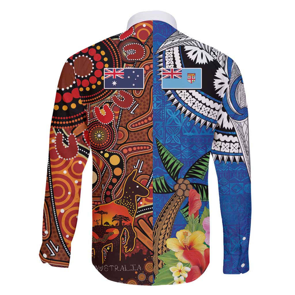 Fiji and Australia Together Family Matching Off Shoulder Short Dress and Hawaiian Shirt Fijian Tapa Plants with Kangaroo and Aboriginal - Polynesian Pride