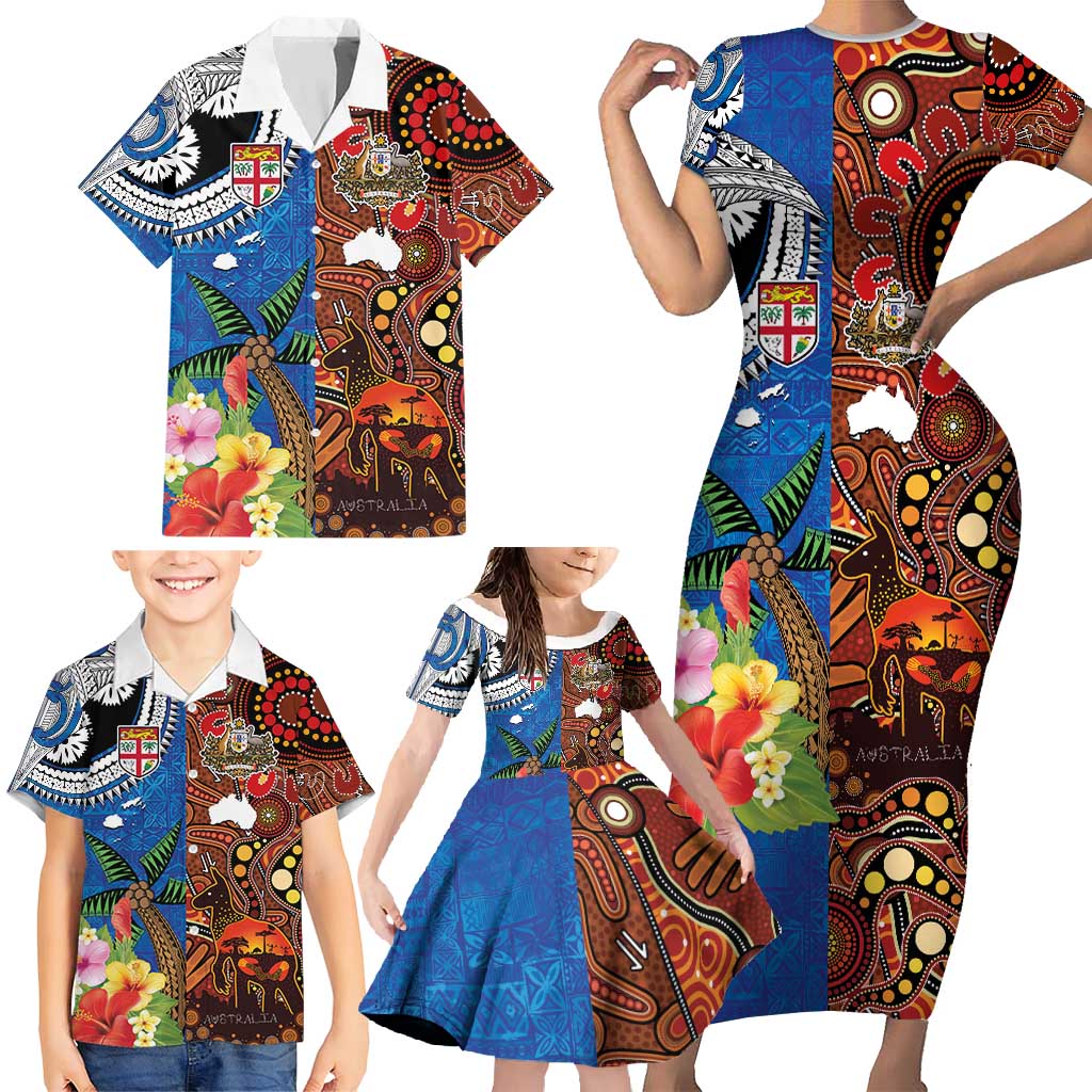 Fiji and Australia Together Family Matching Short Sleeve Bodycon Dress and Hawaiian Shirt Fijian Tapa Plants with Kangaroo and Aboriginal - Polynesian Pride