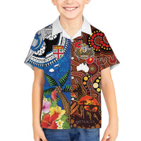 Fiji and Australia Together Family Matching Short Sleeve Bodycon Dress and Hawaiian Shirt Fijian Tapa Plants with Kangaroo and Aboriginal - Polynesian Pride