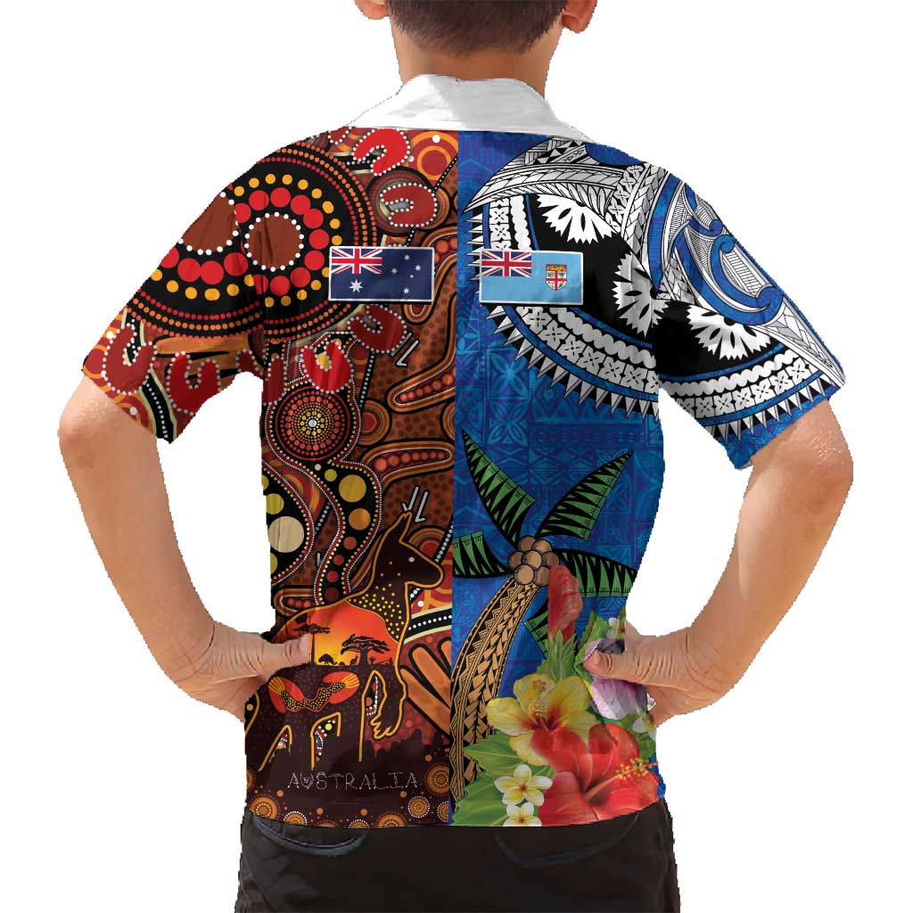 Fiji and Australia Together Family Matching Summer Maxi Dress and Hawaiian Shirt Fijian Tapa Plants with Kangaroo and Aboriginal LT03 - Polynesian Pride