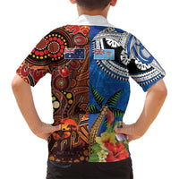 Fiji and Australia Together Family Matching Summer Maxi Dress and Hawaiian Shirt Fijian Tapa Plants with Kangaroo and Aboriginal LT03 - Polynesian Pride