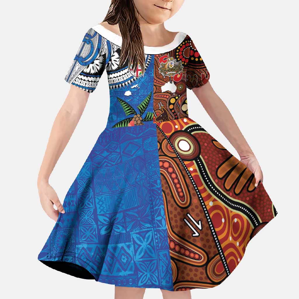 Fiji and Australia Together Family Matching Summer Maxi Dress and Hawaiian Shirt Fijian Tapa Plants with Kangaroo and Aboriginal LT03 Daughter's Dress Black - Polynesian Pride