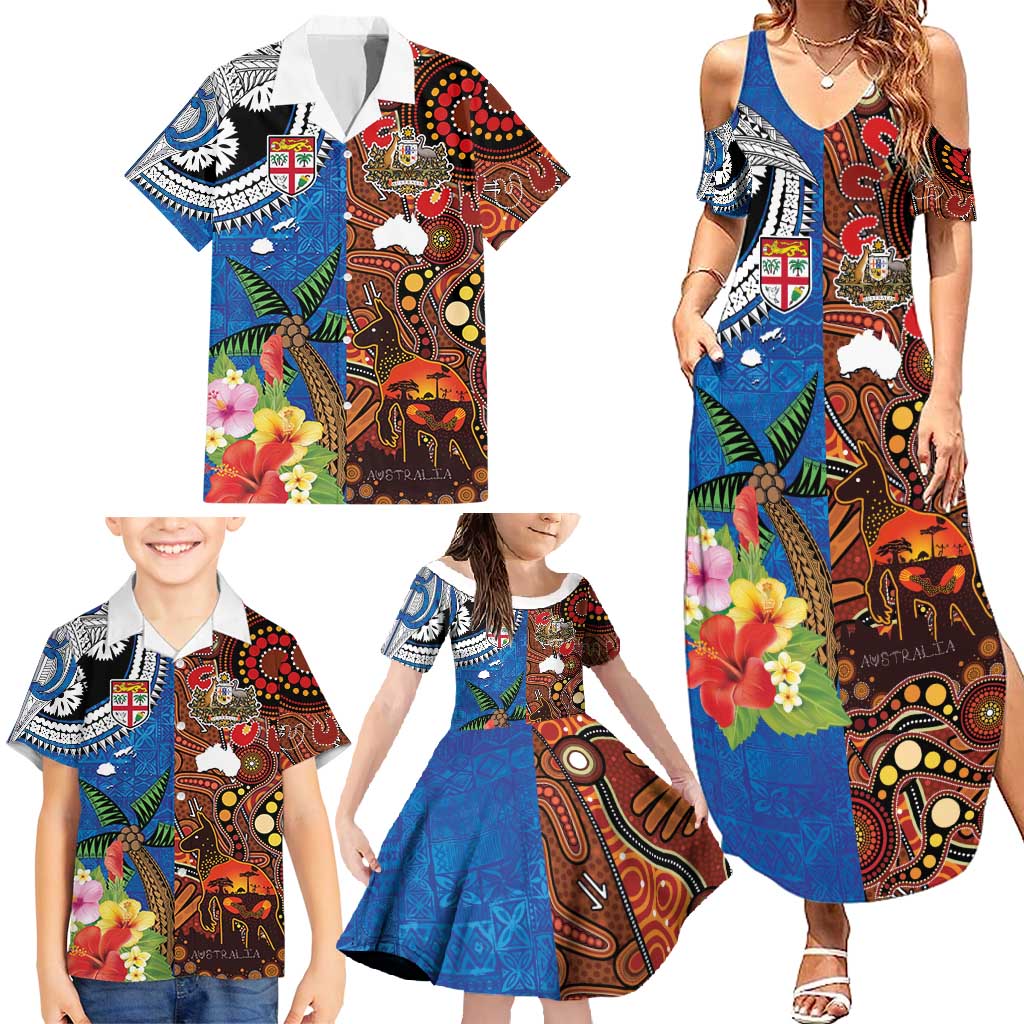 Fiji and Australia Together Family Matching Summer Maxi Dress and Hawaiian Shirt Fijian Tapa Plants with Kangaroo and Aboriginal LT03 - Polynesian Pride